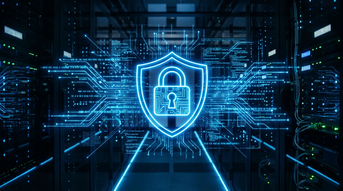 Digital security concept with encrypted data visualization, padlock icon and shield symbol in blue neon light, modern tech aesthetic