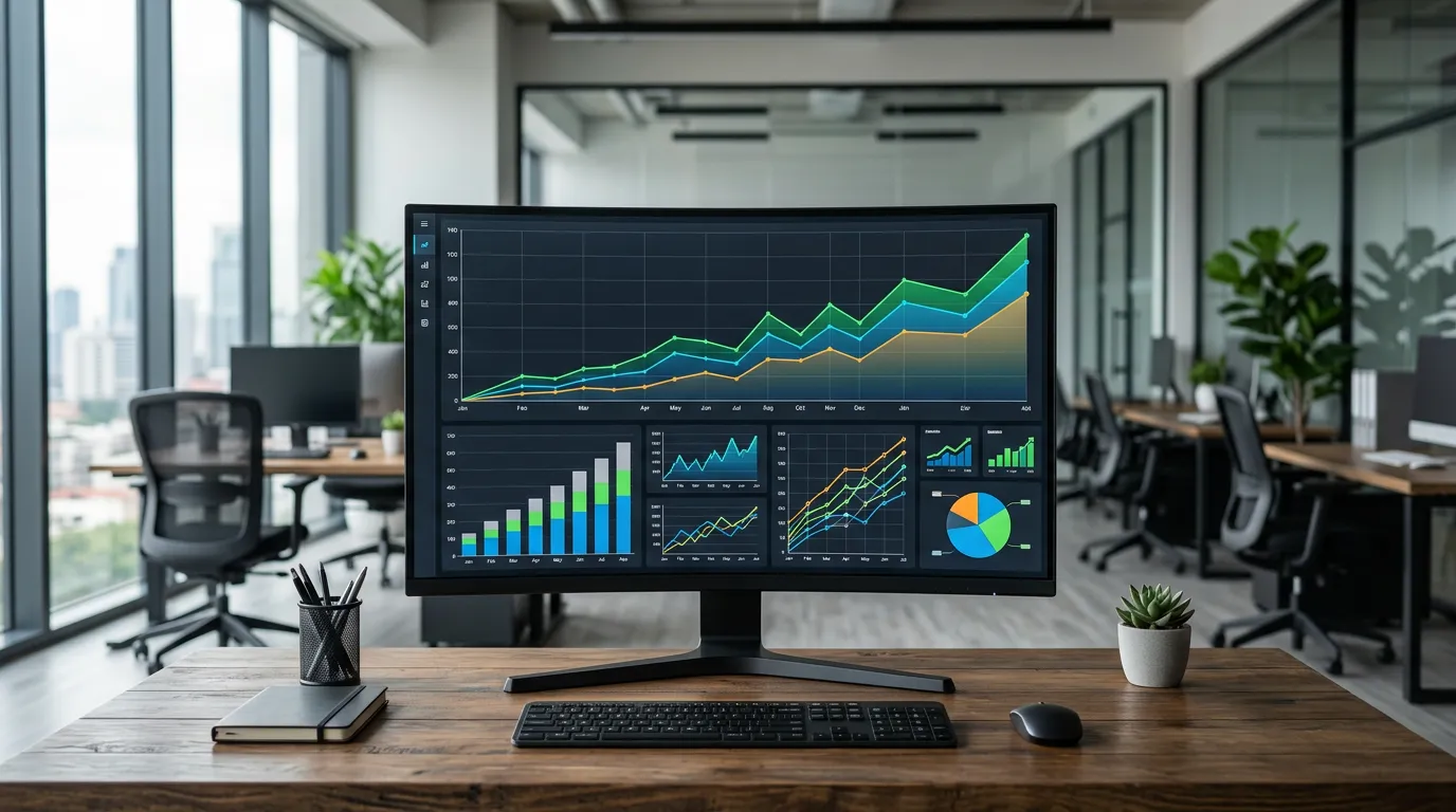 Business growth chart and analytics dashboard on computer screen in modern office, upward trend graphs, professional environment