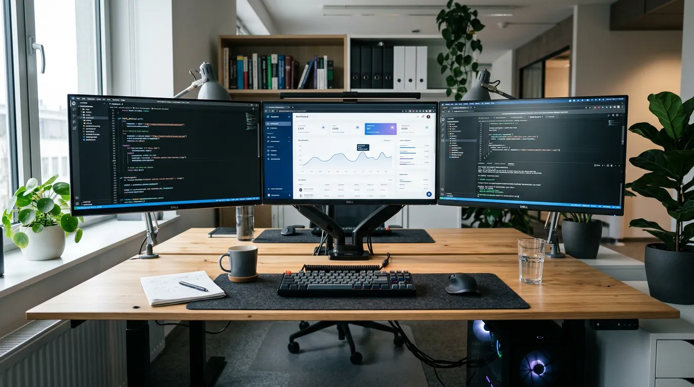 Software developer workstation with clean code visible on screen, multiple monitors showing web application interface, professional development environment