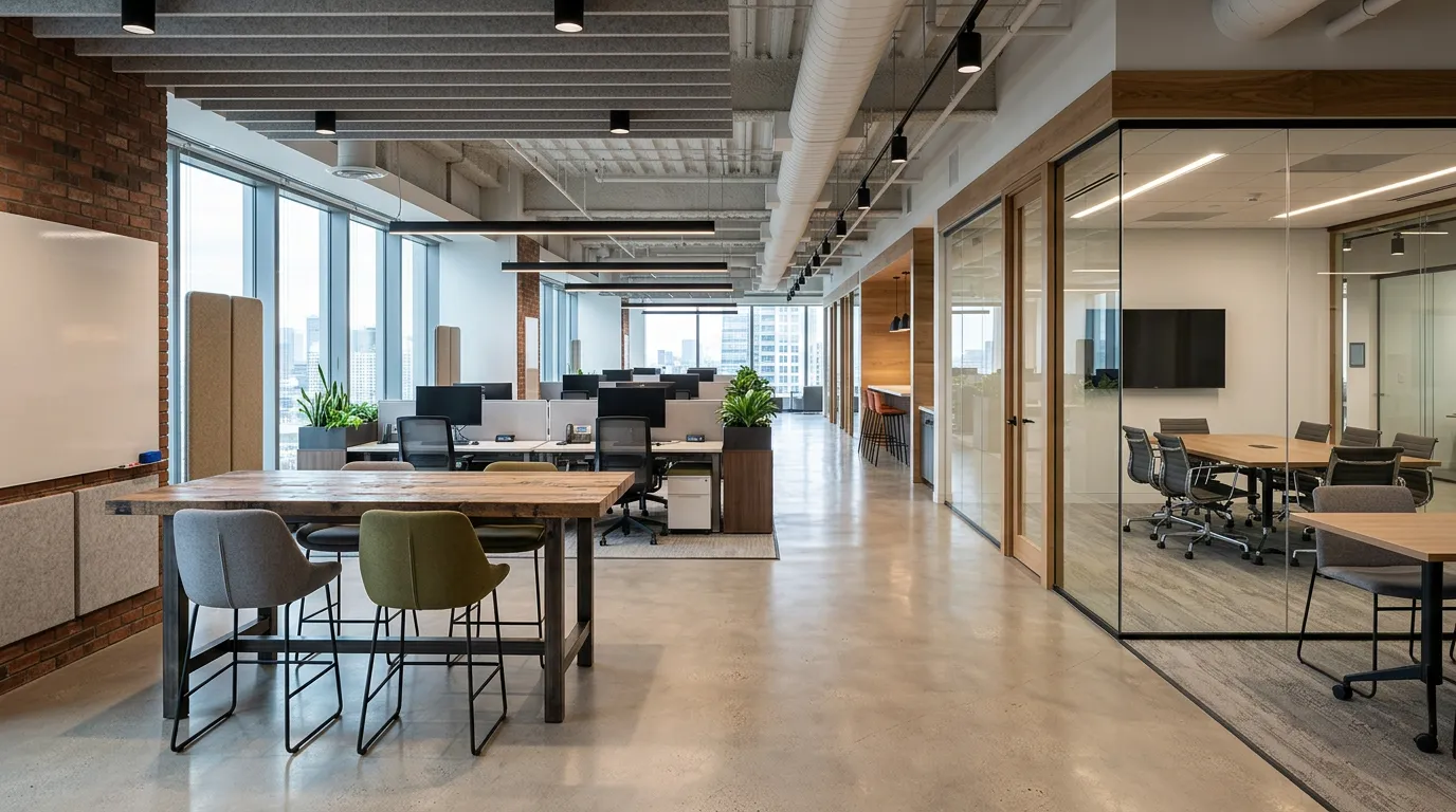 Mid-sized company office floor with team collaboration spaces, meeting rooms visible, professional business environment, modern architecture